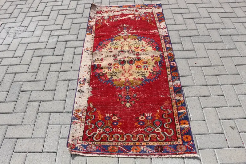 Alfombra Oriental Roja 2,72x5,81 ft con Detalles Azules