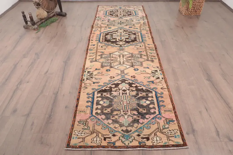 Turkish Vintage Rug, 2.9x9.4 ft Oushak Rug, Brown Blue Oriental Wool Rug - 1