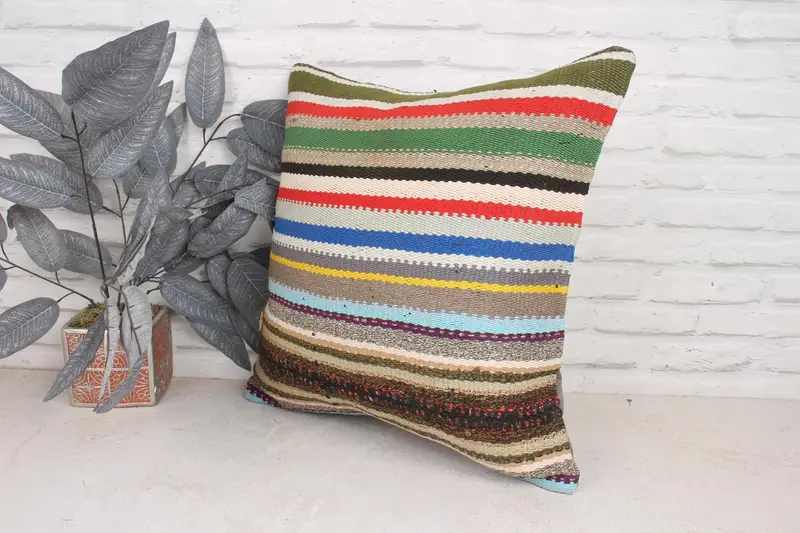 Ethnical Kilim Rug Pillow, Cushion Case, Bright Pillow Cover, Kilim Cushion Sham, Kilim Pillow, Sustainable Cushion Cover, 20x20 Blue Pillow Case - 4
