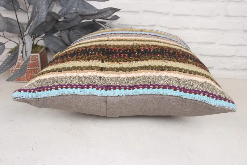Ethnical Kilim Rug Pillow, Cushion Case, Bright Pillow Cover, Kilim Cushion Sham, Kilim Pillow, Sustainable Cushion Cover, 20x20 Blue Pillow Case - 5