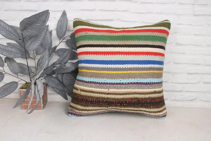 Ethnical Kilim Rug Pillow, Cushion Case, Bright Pillow Cover, Kilim Cushion Sham, Kilim Pillow, Sustainable Cushion Cover, 20x20 Blue Pillow Case - 1