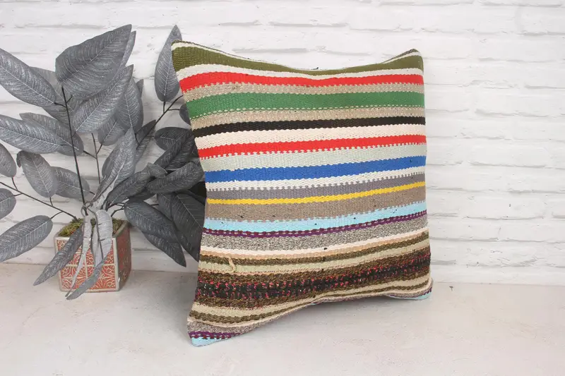 Ethnical Kilim Rug Pillow, Cushion Case, Bright Pillow Cover, Kilim Cushion Sham, Kilim Pillow, Sustainable Cushion Cover, 20x20 Blue Pillow Case - 3