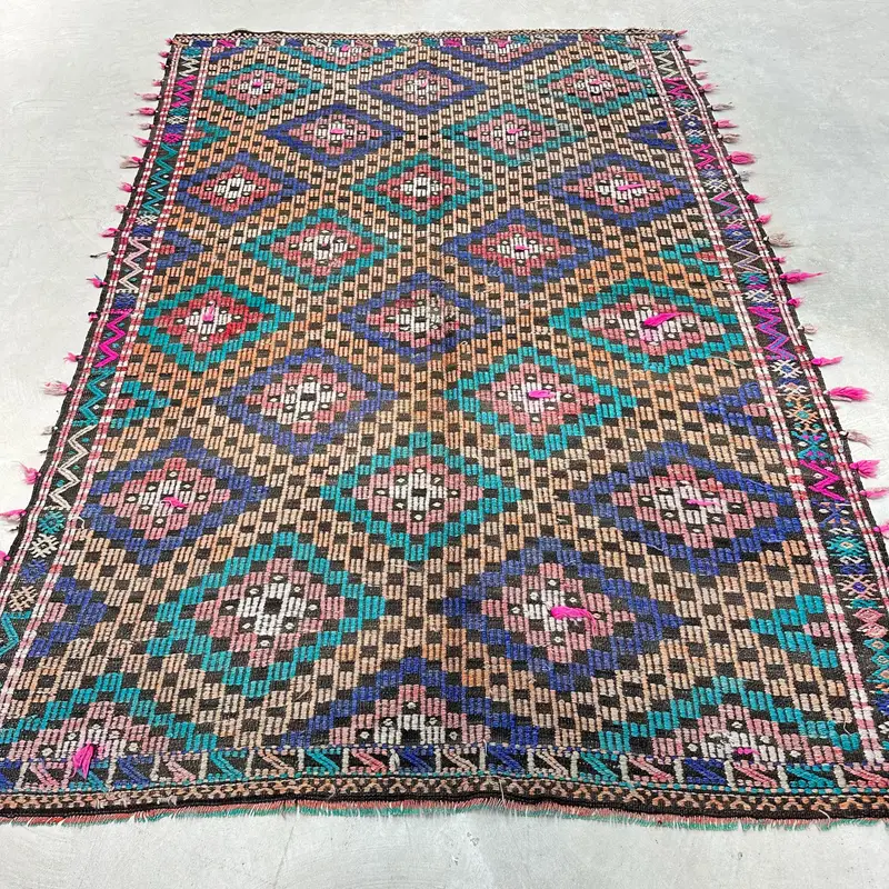 Turuncu ve Yeşil Halı, 5,5x7,8 ft Geometrik Çiçek