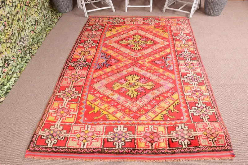 5.9x9.2 ft Vintage Rug, Turkish Large Rug, Red Yellow Bordered Rug - 1