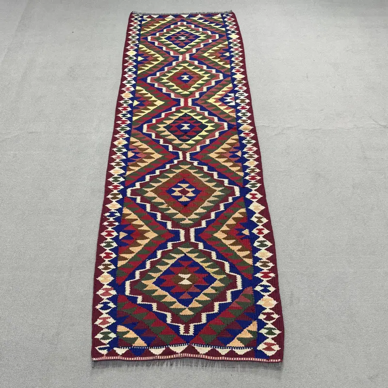 2.7x9.3 ft Rug, Vintage Turkish Rug, Red Patchwork Wool Rug - 1