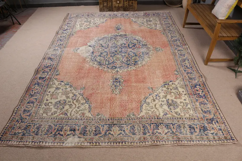 Mavi & Kırmızı Çizgili Halı, 7,2x10,7 ft Zarif Dekor