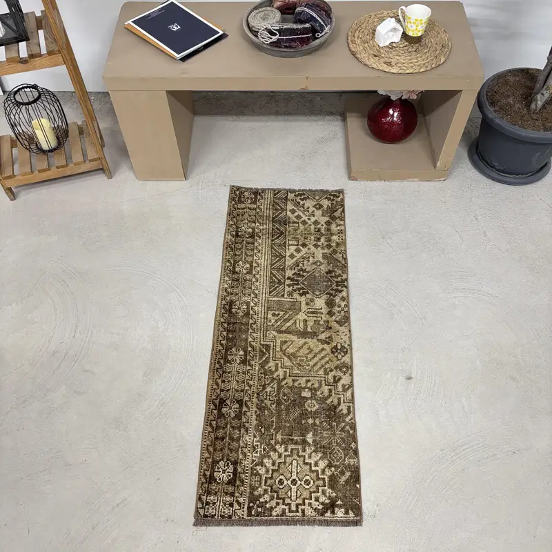 Turkish Vintage Rug, 1.5x4.1 ft Oushak Rug, Brown Beige Check Rug - 1