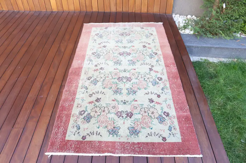 Turkish Vintage Accent Rug 3.5x6.3 ft, Red Blue Patchwork Rug - 1