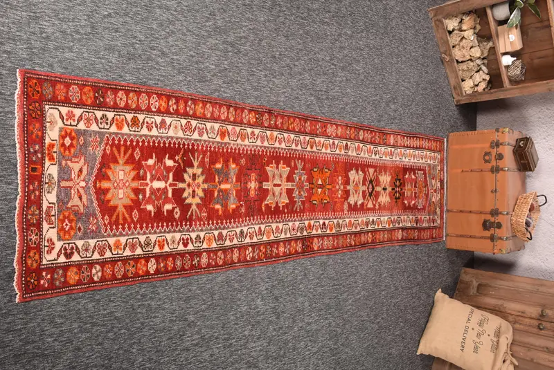 Vintage Türk Yolluk Halısı 2.7x11 ft (83x335 cm), Kırmızı Geometrik Herki Halı - 1