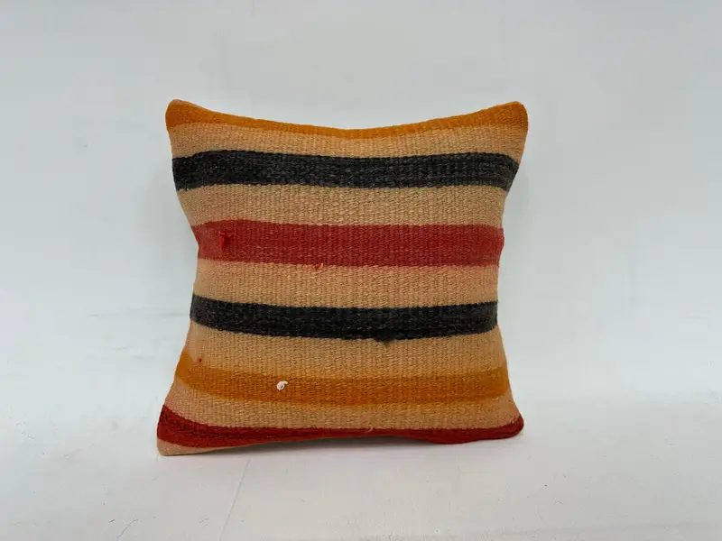 Beige & Orange Striped Throw Pillow, 14x14 Inches Embroidered Cushion - 1