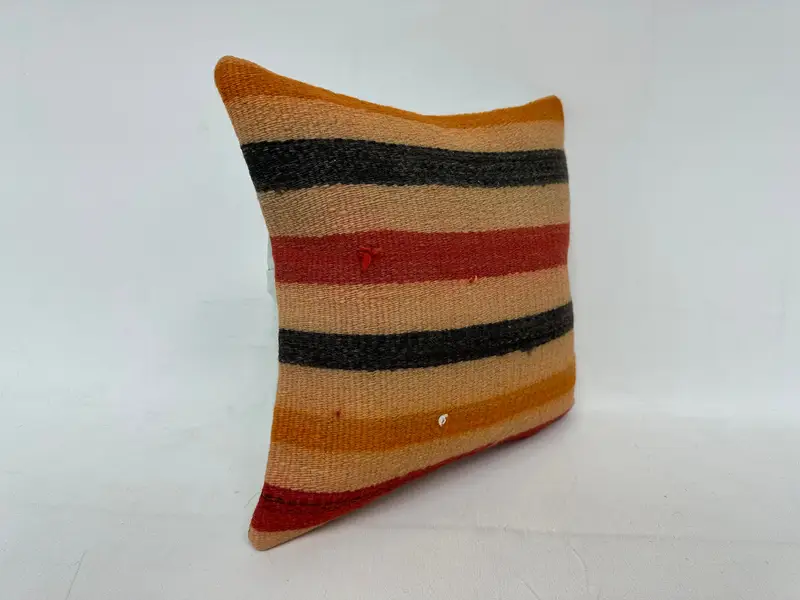 Beige & Orange Striped Throw Pillow, 14x14 Inches Embroidered Cushion - 3