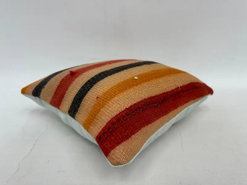 Beige & Orange Striped Throw Pillow, 14x14 Inches Embroidered Cushion - 6