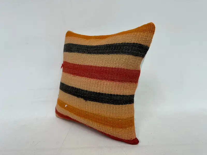 Beige & Orange Striped Throw Pillow, 14x14 Inches Embroidered Cushion - 4