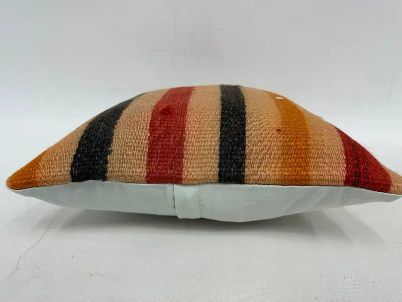 Beige & Orange Striped Throw Pillow, 14x14 Inches Embroidered Cushion - 5