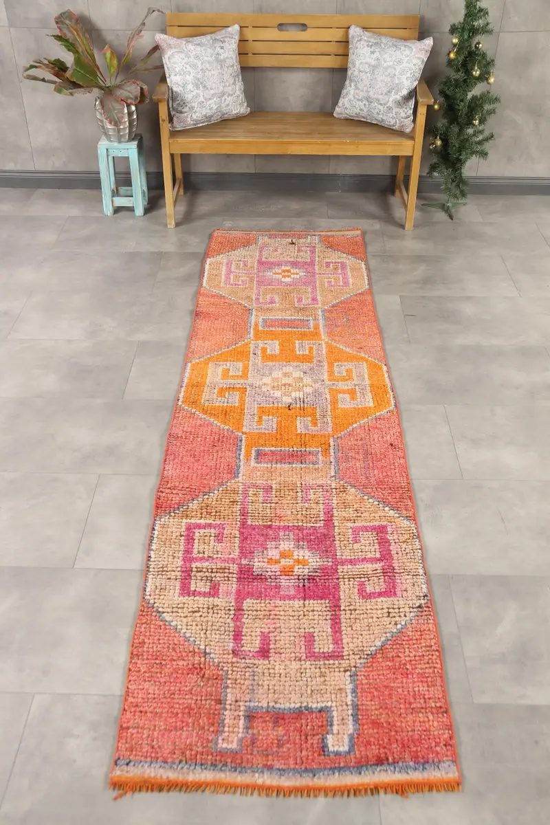 2.5x9.4 ft Vintage Runner Rug, Turkish Orange Floral Rug - 1