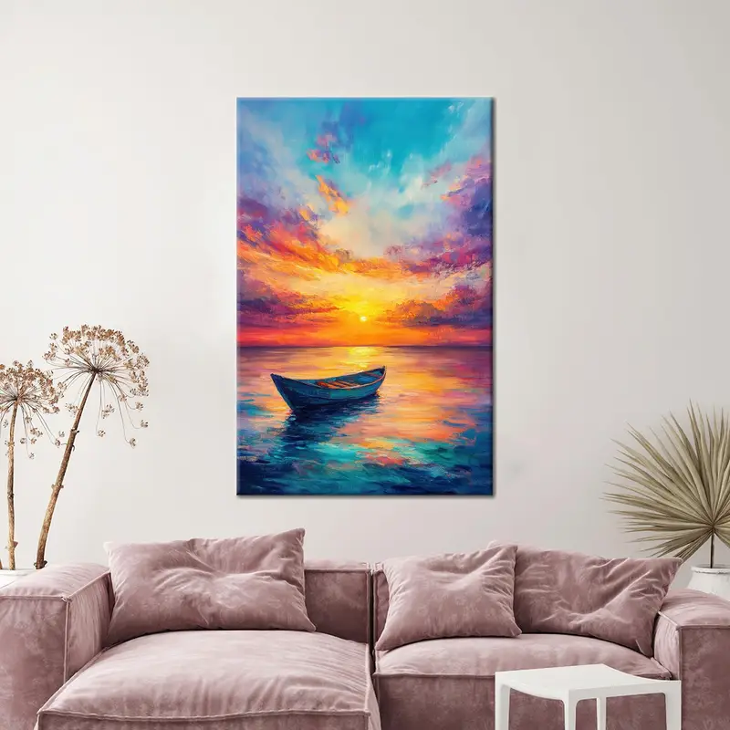 夕日の海のキャンバス: 海岸のカラフルな空の風景プリント
