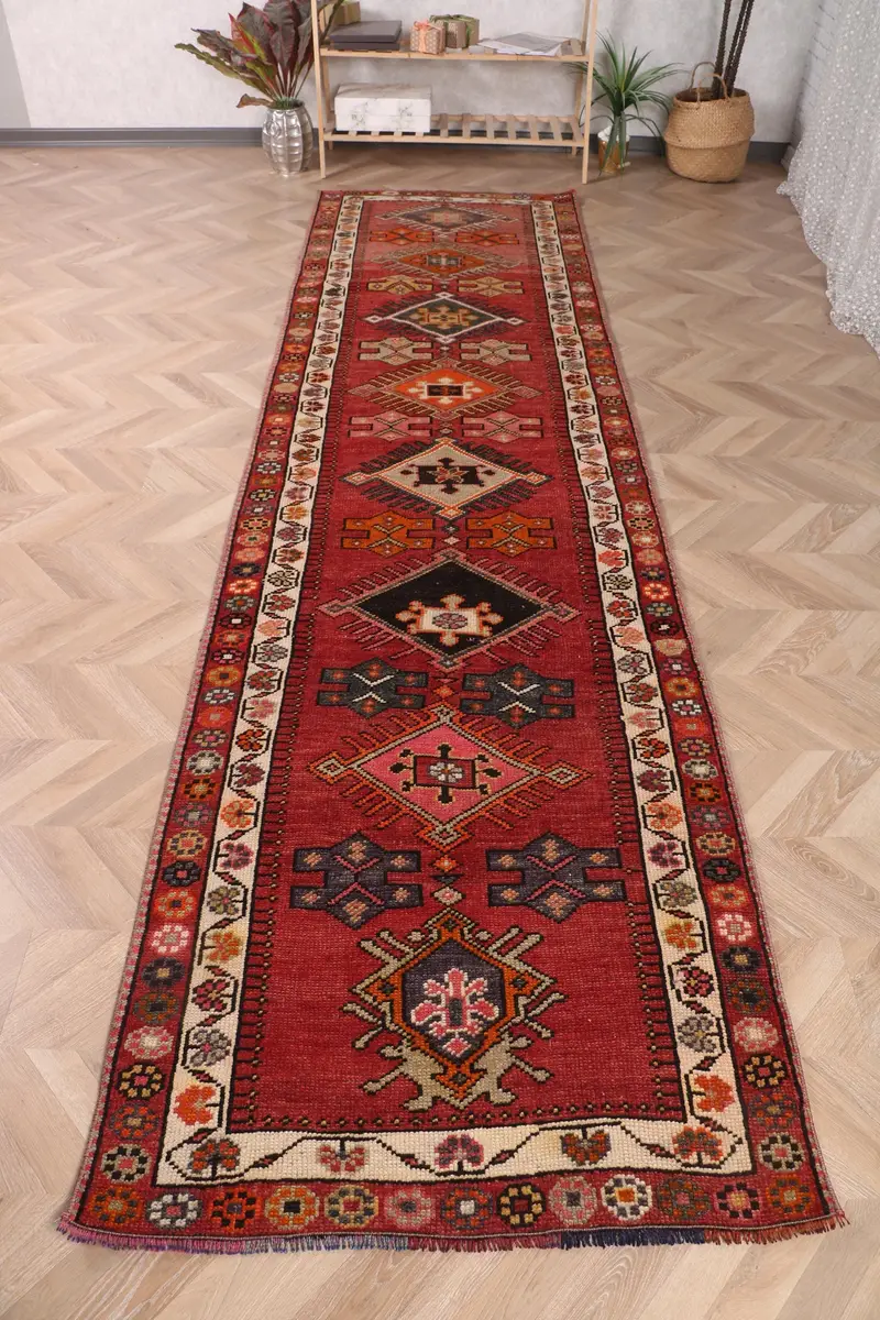 Herki Rug, 3.1x11.8 ft Vintage Rug, Red Moroccan Rug Wool - 1