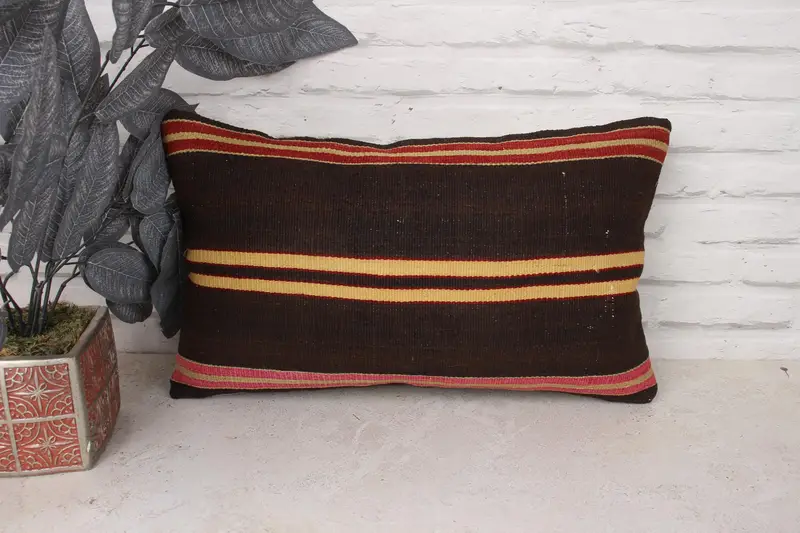 Pillow, Armchair Pillow Sham, Ethnical Kilim Rug Pillow, Vintage Kilim Pillow, Toss Pillow Sham, 12x20 Brown Cushion, Kilim Pillow Cover - 1