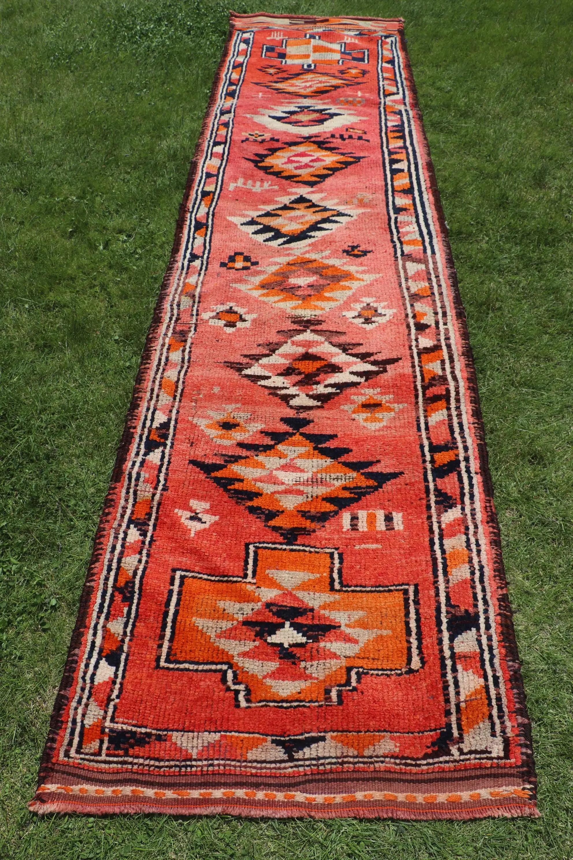 3.1x12.3 ft Runner Vintage Rug, Turkish Rug, Red Orange Check Wool Rug - 1