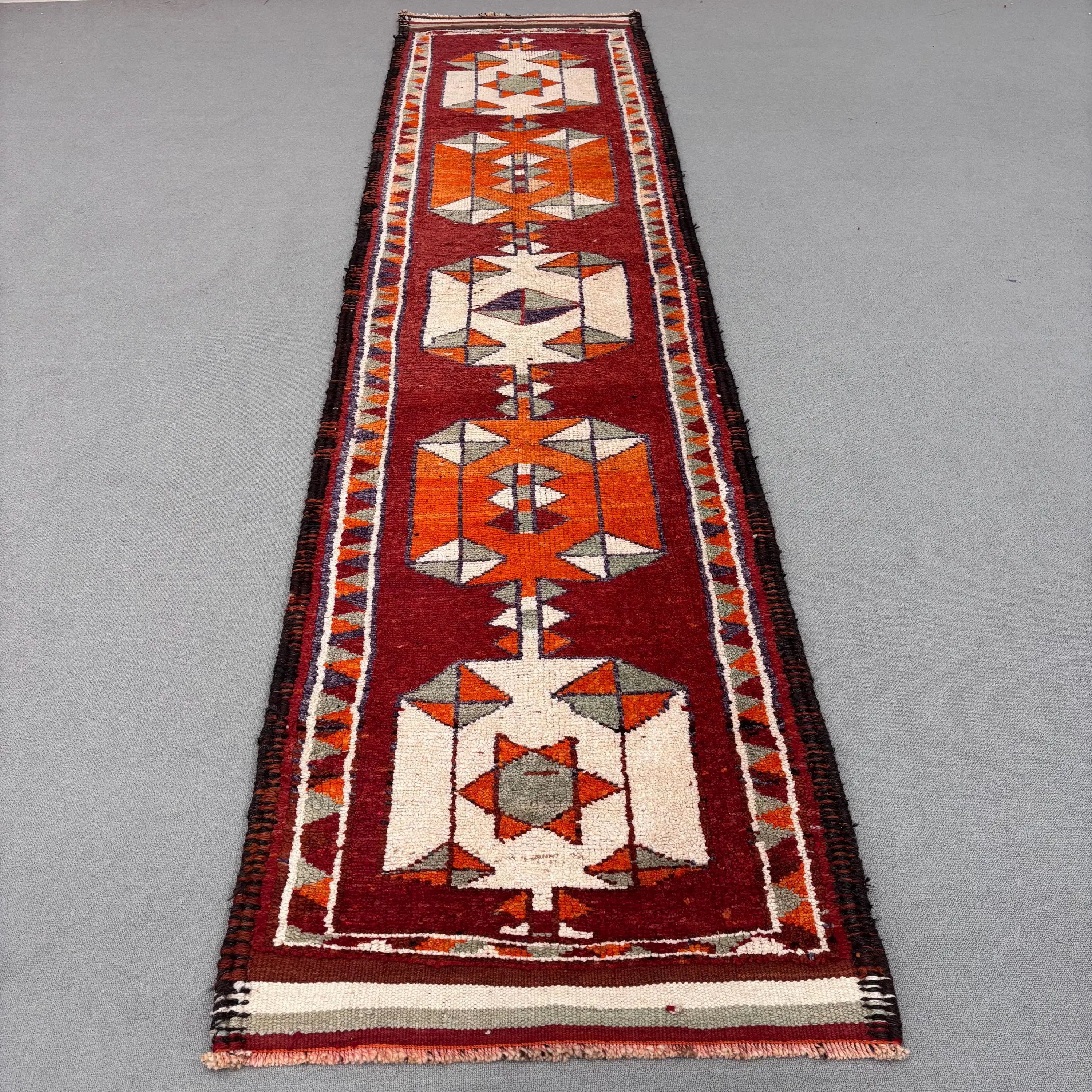 Turkish Vintage Herki Runner Rug 2.8x11.9 ft, Red Ikat Rug Wool - 1