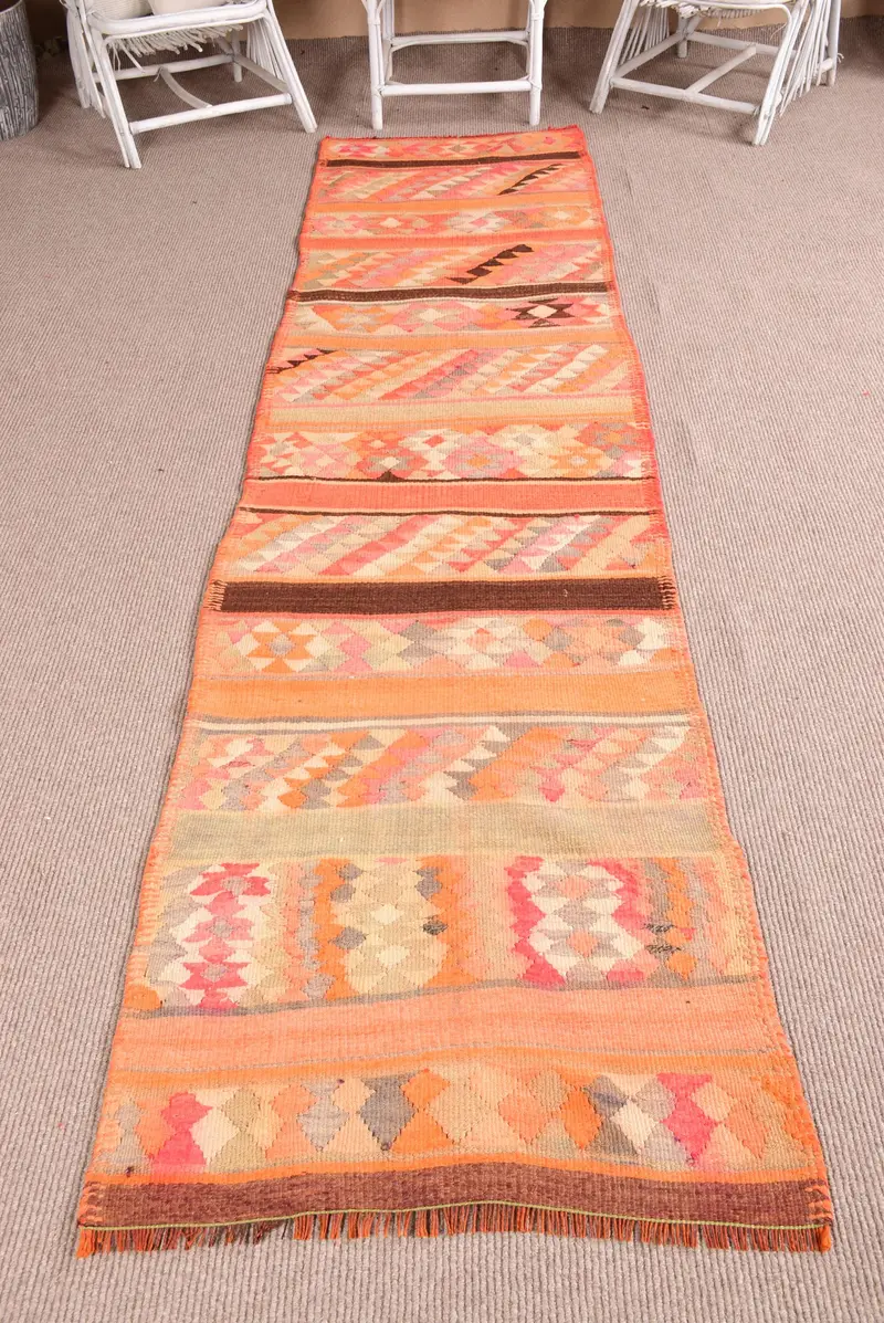 2.7x10.2 ft Kilim Halı, Türk Vintage Halı, Turuncu Gri Ombré Halı - 1