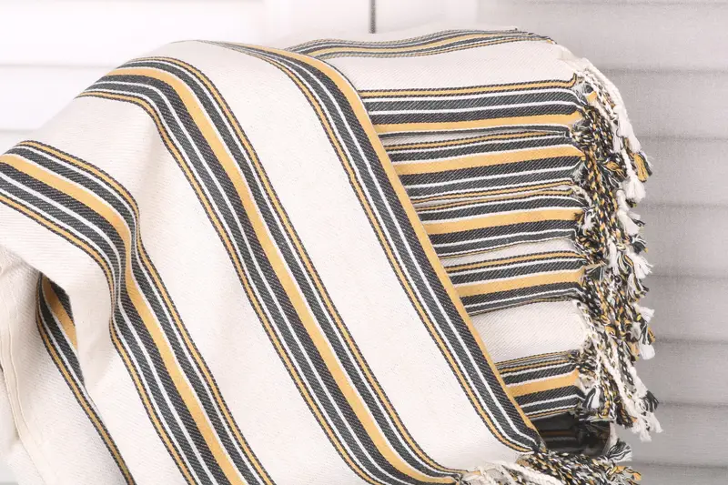 Striped Black-Mustard Cotton Towel, Turkish Towel, 38x71 Inches