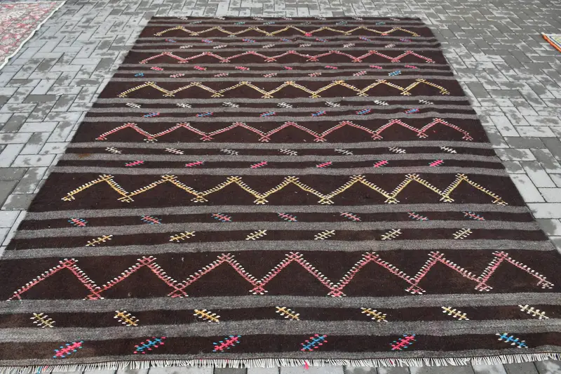 Vintage 7.2x9.8 ft Halı, Türk Büyük Boy Halı, Kahverengi Kamuflaj Halı - 1