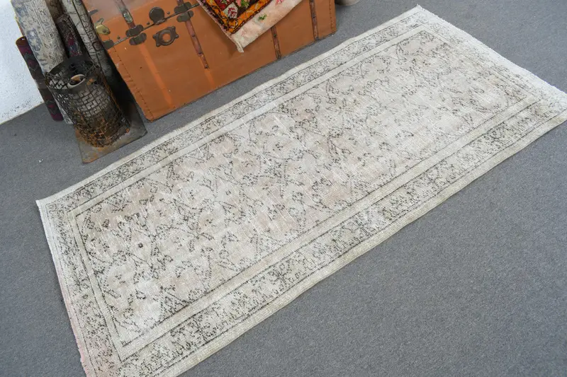 Vintage Oushak Halı 3.1x6.3 ft, Beyaz Gri Yün Türk Halısı - 1