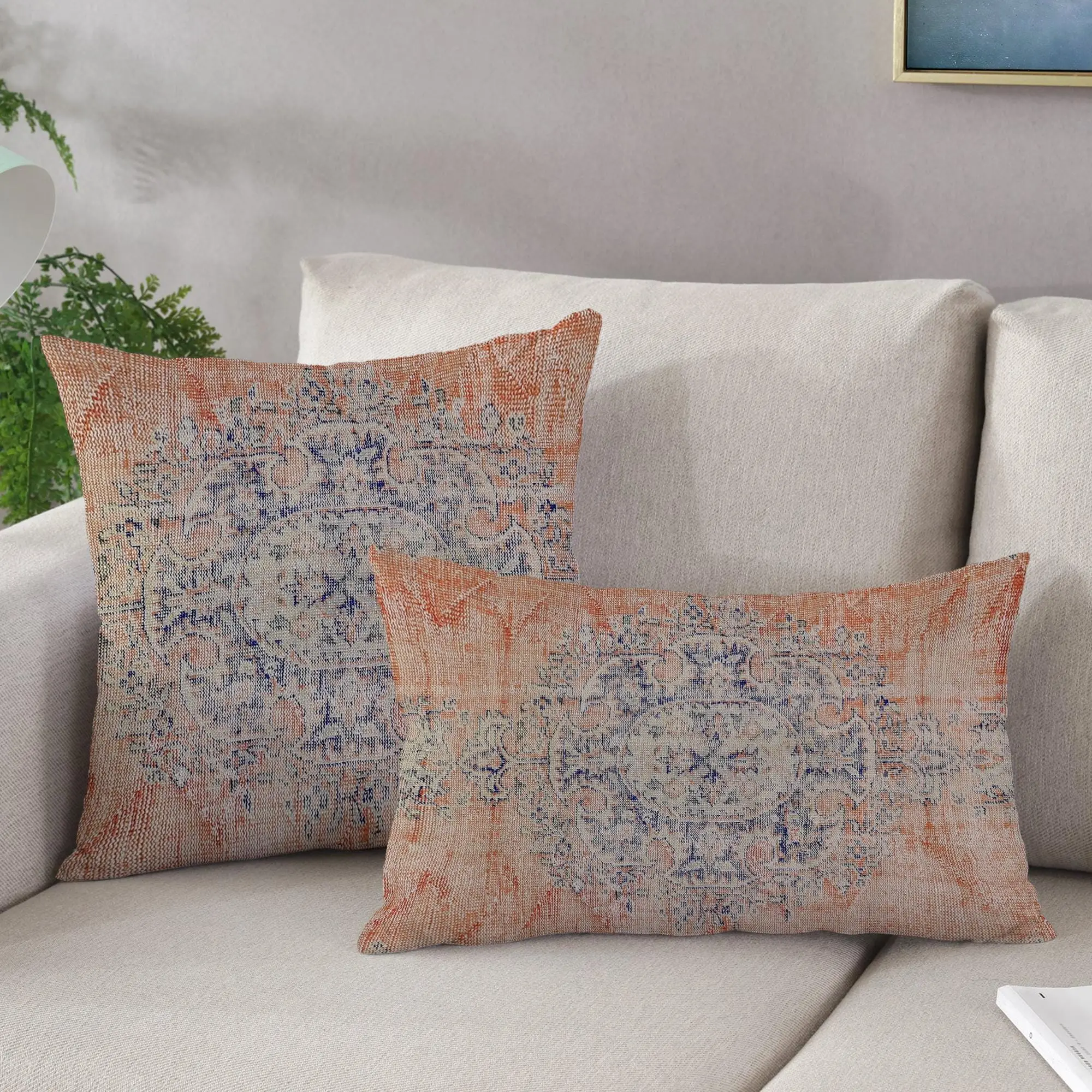 Blue & Orange Organic Printed Pillow, Personalized Outdoor Lumbar - 1