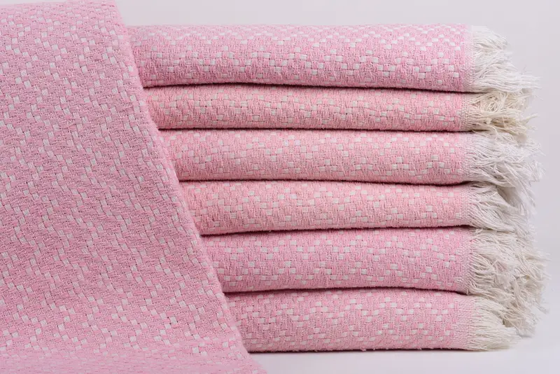 Herringbone Blanket Organic Cotton Pink Plaid, 75x67 Inches