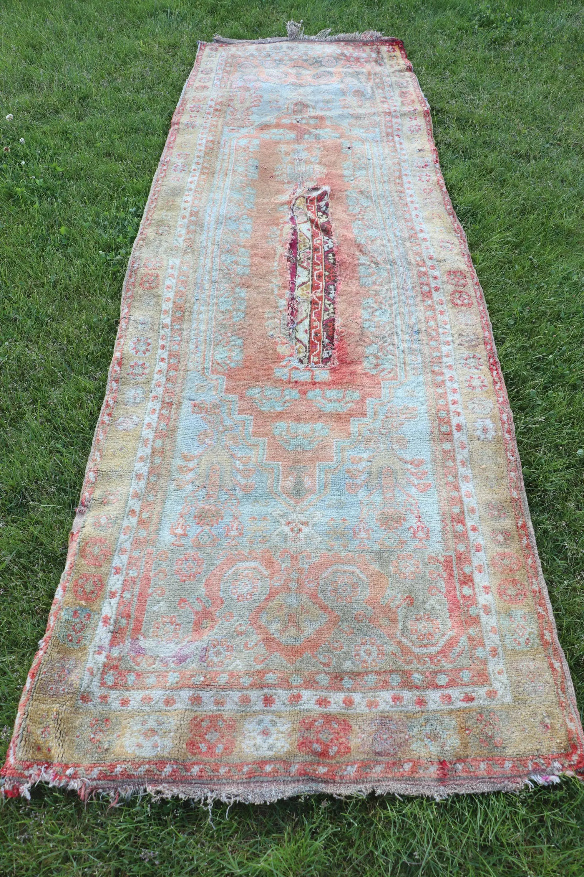 3,3 x 10,1 Fuß großer Vintage-Läuferteppich, rot-blauer türkischer Wollteppich mit Blumenmuster - 1