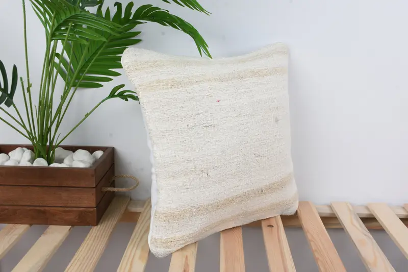 Pillow Case, Ethnical Kilim Rug Pillow, 16x16 White Cushion, Handmade Kilim Cushion, Vintage Kilim Throw Pillow, Pastel Pillow Sham - 4