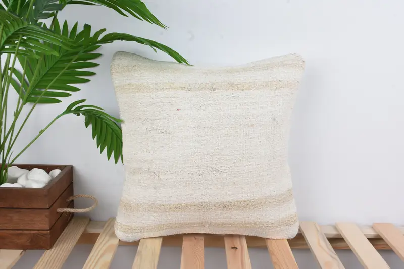 Pillow Case, Ethnical Kilim Rug Pillow, 16x16 White Cushion, Handmade Kilim Cushion, Vintage Kilim Throw Pillow, Pastel Pillow Sham - 1
