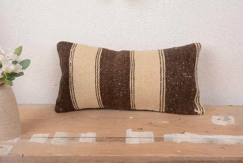 Brown & Beige Striped Linen Throw Pillow, Vintage Rectangular Pillow