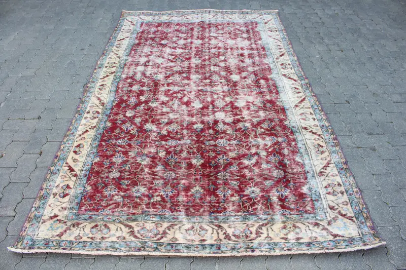 5.2x8.6 ft Rug, Vintage Turkish Rug, Red Blue Polka dot Wool Rug - 1