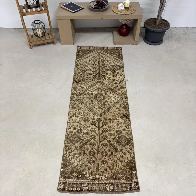 Oushak Rug, 2.4x7.5 ft Vintage Rug, Brown Solid Rug Wool - 1