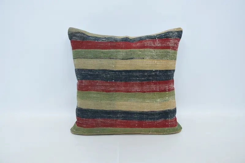 Turkish Striped Square Cushion, Antique 24x24 inch Green Valentine Gift Wool Euro Sham - 1
