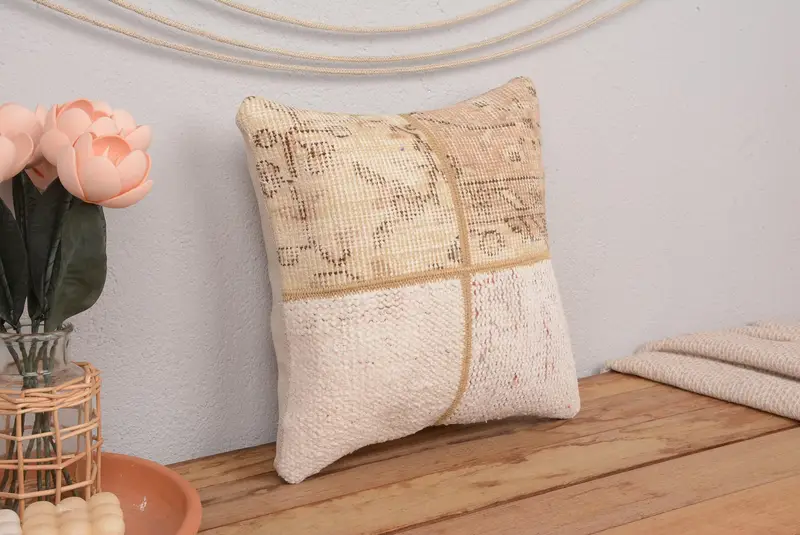 Geometrisches 14x14 Wurfkissen, Vintage besticktes Leinenkissen