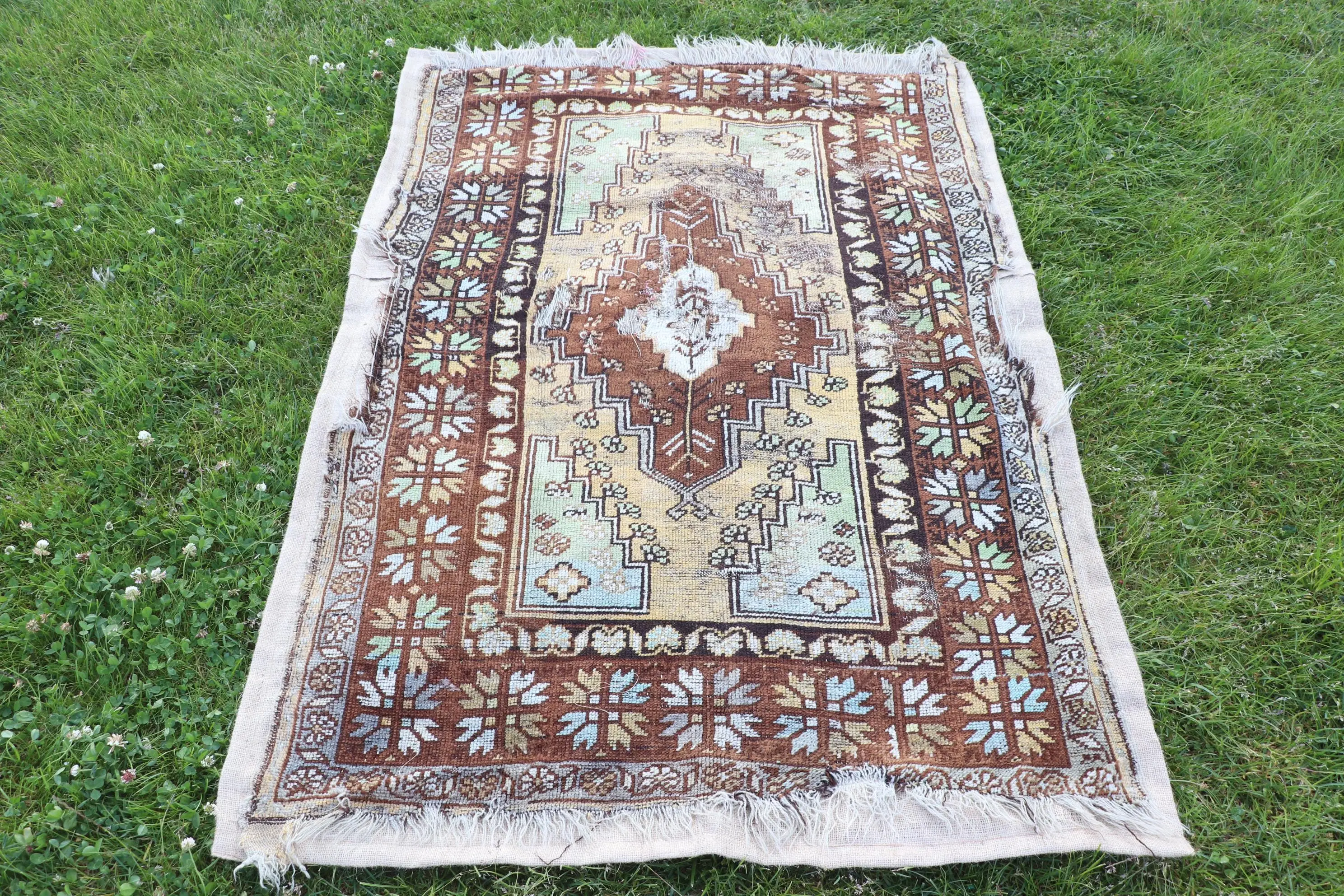 Turkish Vintage Accent Rug 3.3x4.7 ft, Brown Moroccan Rug Wool - 1