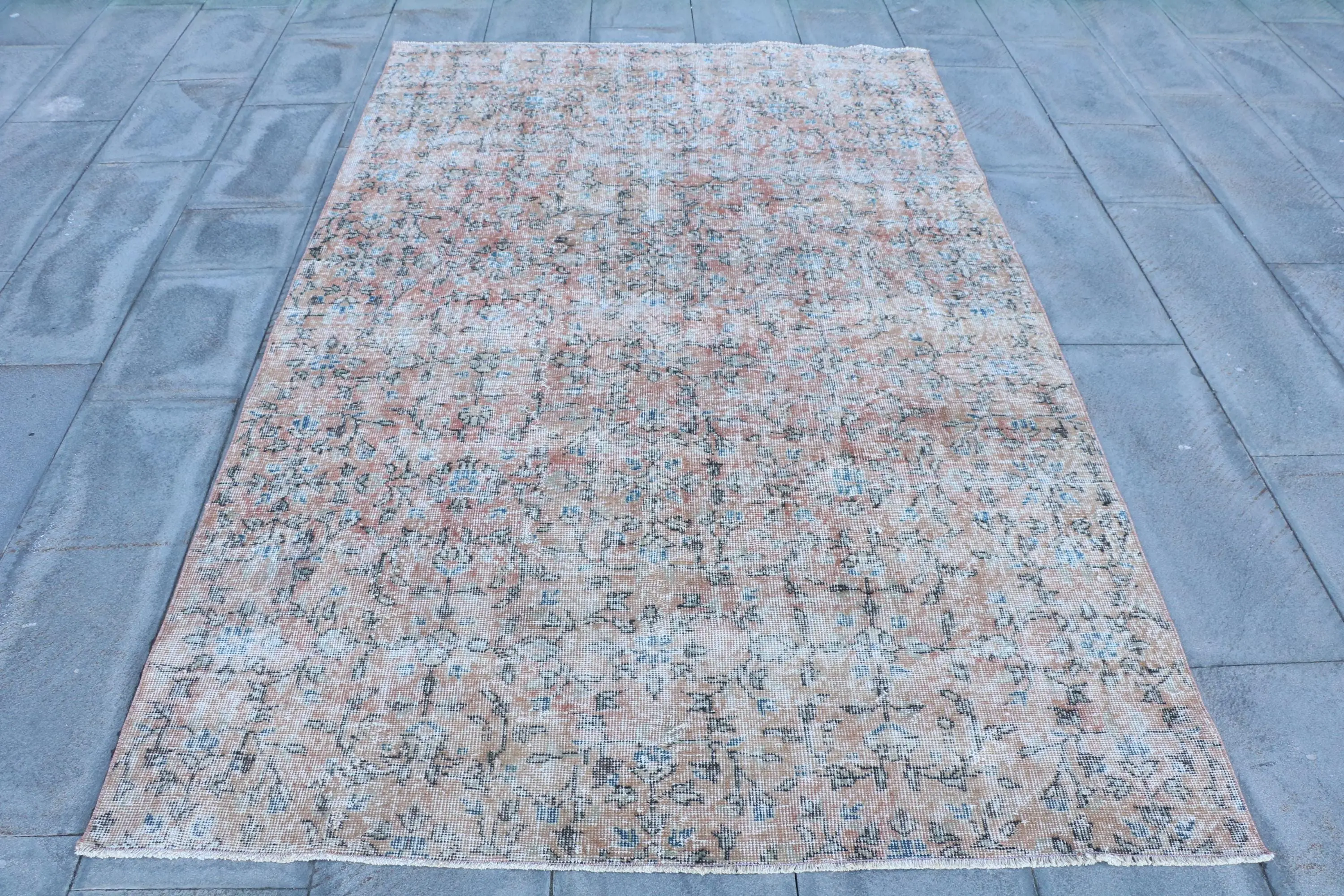 Turkish Vintage Area Rug 5x7.8 ft, Brown Blue Striped Rug - 1