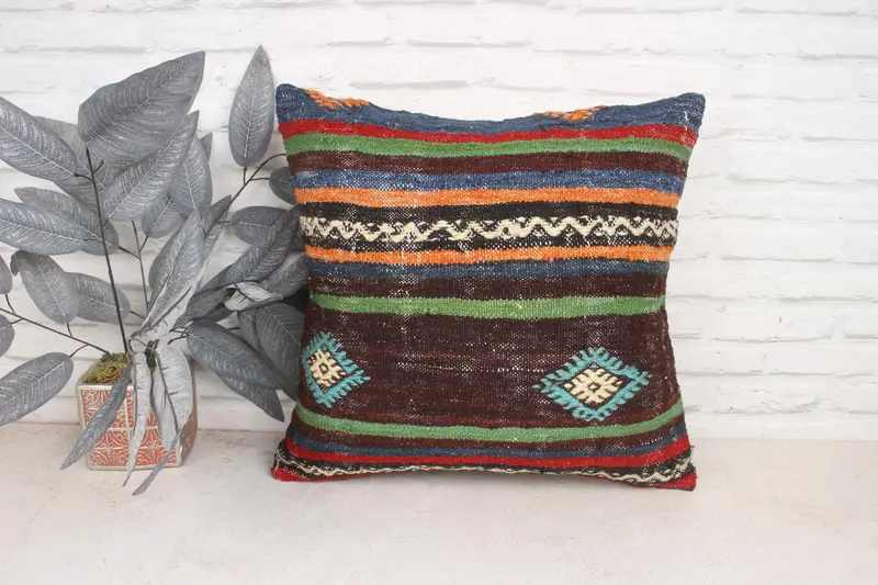 Boho Chic Pillow Case, Ethnical Kilim Rug Pillow, Vintage Kilim Pillow, Cushion Case, Shabby Chic Pillow, 20x20 Green Pillow Case, Pillow for Couch - 1