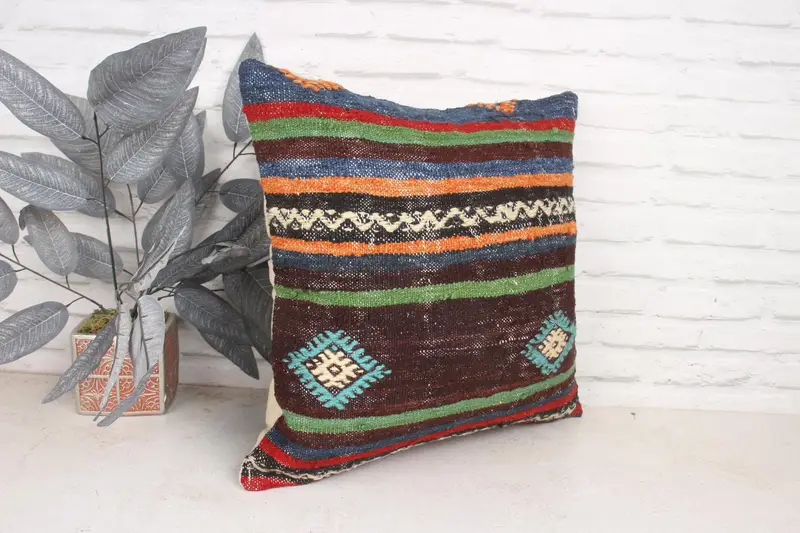 Boho Chic Pillow Case, Ethnical Kilim Rug Pillow, Vintage Kilim Pillow, Cushion Case, Shabby Chic Pillow, 20x20 Green Pillow Case, Pillow for Couch - 3