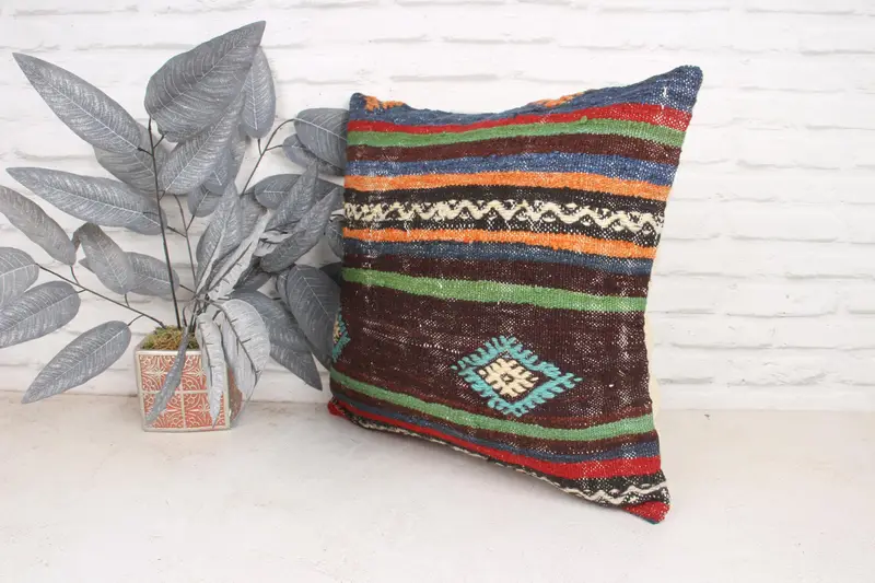 Boho Chic Pillow Case, Ethnical Kilim Rug Pillow, Vintage Kilim Pillow, Cushion Case, Shabby Chic Pillow, 20x20 Green Pillow Case, Pillow for Couch - 4