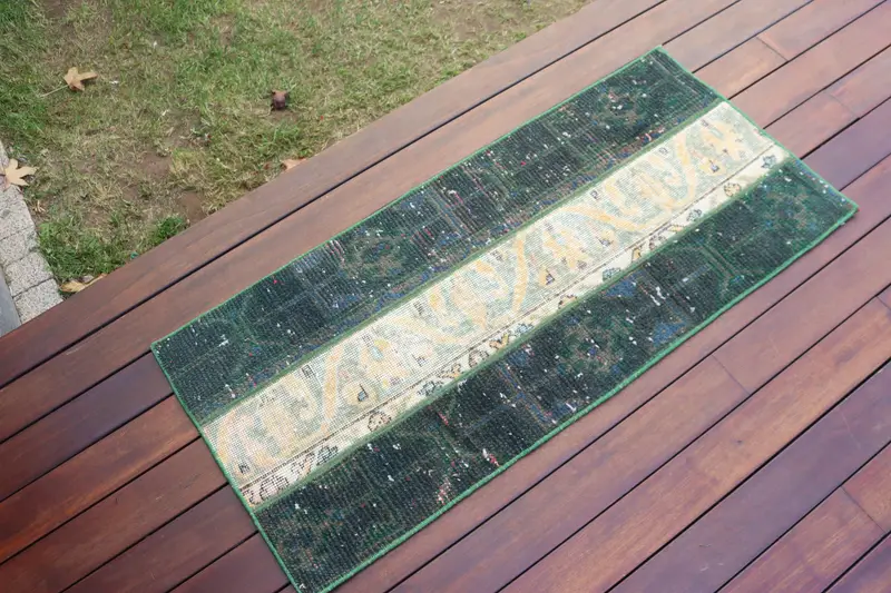 Vintage Oushak Rug 1.7x3.8 ft, Green Blue Striped Wool Turkish Rug - 1