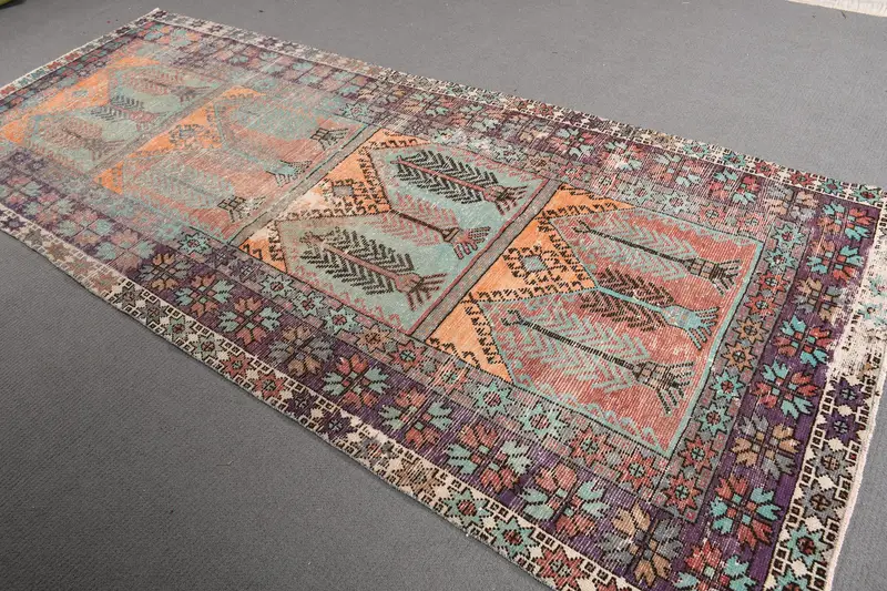 4.7x10.2 ft Vintage Turkish Rug, Large Rug, Purple Orange Patchwork Wool Rug - 1