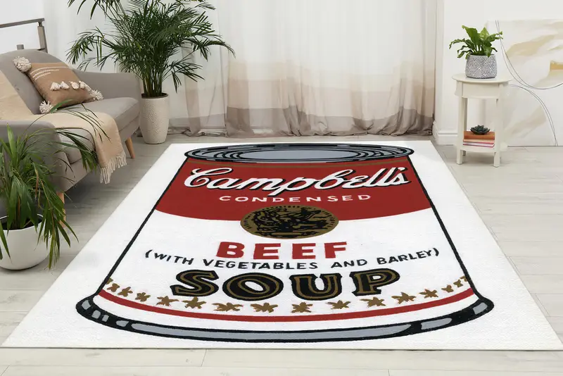 エレガントなプリントラグ: キャンベルスープのポップアートデザイン