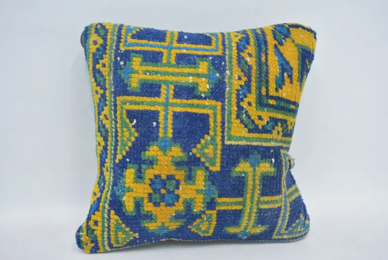 Cushion Cover, Boho Pillow, Turkish Kilim Pillow, 12x12 Blue Pillow, Sustainable Cushion, Vintage Pillow, Neutral Throw Pillow Cover - 1