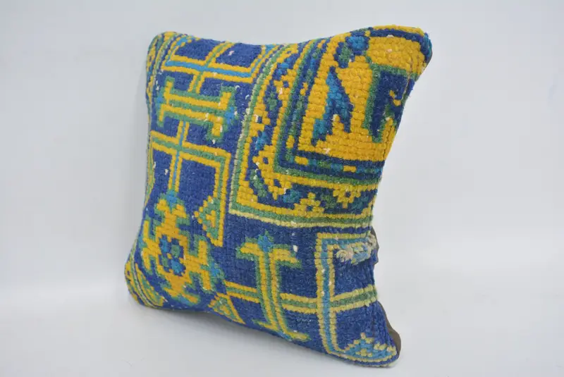 Cushion Cover, Boho Pillow, Turkish Kilim Pillow, 12x12 Blue Pillow, Sustainable Cushion, Vintage Pillow, Neutral Throw Pillow Cover - 4
