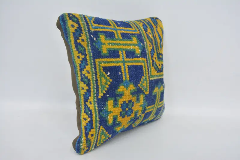 Cushion Cover, Boho Pillow, Turkish Kilim Pillow, 12x12 Blue Pillow, Sustainable Cushion, Vintage Pillow, Neutral Throw Pillow Cover - 3