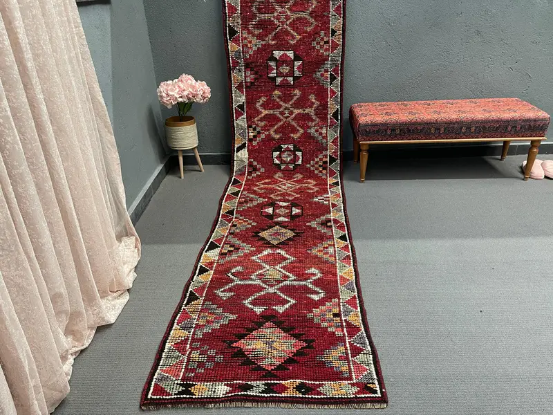 2,7x12,5 ft Teppich, türkischer Herki-Teppich, Vintage-Teppich aus roter Wolle im Südwesten - 1